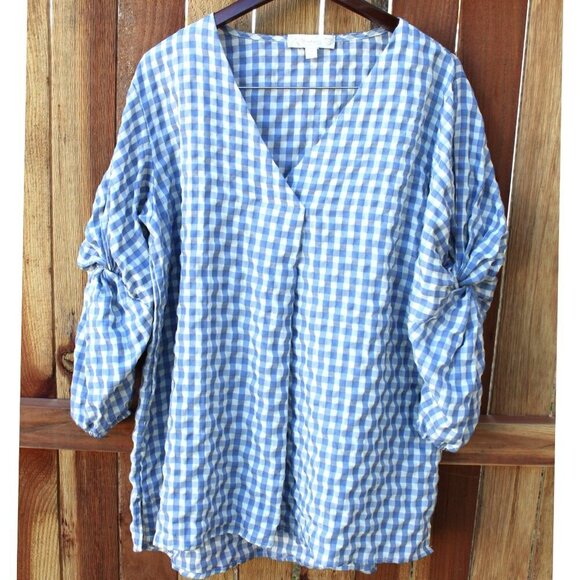 Suzanne Betro Gingham boho women's top Blue & white Twist sleeve size 2X Blouse - Picture 9 of 10